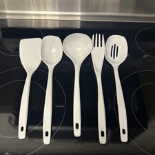 5 Pc Melamine Ware MCM-Kitchen Serving Utensils White Spatula Ladle Spoons Lot