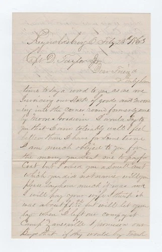 CIVIL WAR LETTER - 113th Ohio Vols - Writes his Injured Fellow Soldier Re: Sword