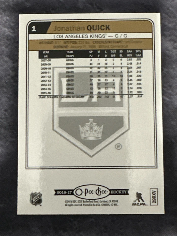 2016-17 O Pee Chee Rainbow Parallel 1 Jonathan Quick Los Angeles Kings - Image 2 of 2