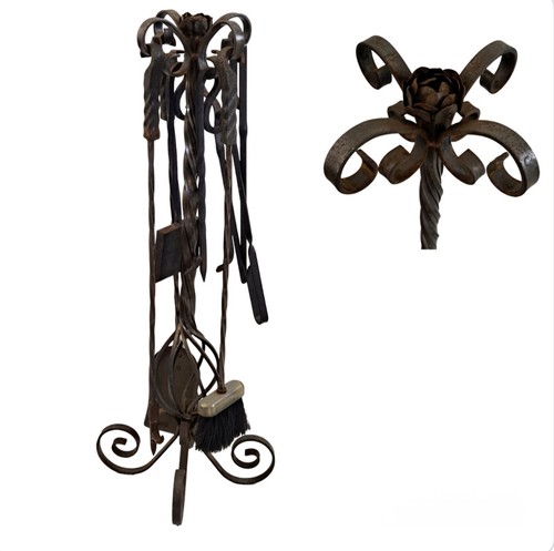 Vintage Wrought Iron Fireplace Tool Set 7 Pc, Twisted Metal, Floral Design - Picture 3 of 11