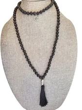 Lava Stone Bead Necklace Black Silk Tassel Pendant Silver Tone Tree Charm 42” A4