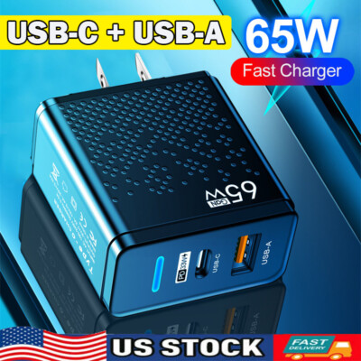 65W GaN Fast Charging USB-C USB-A Wall Charger For iPhone 14 Pro Max 13 12 Mini