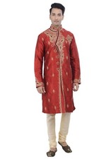 Indian Designer Red Kurta Sherwani for Men 2pc Suit - Worldwide Postage