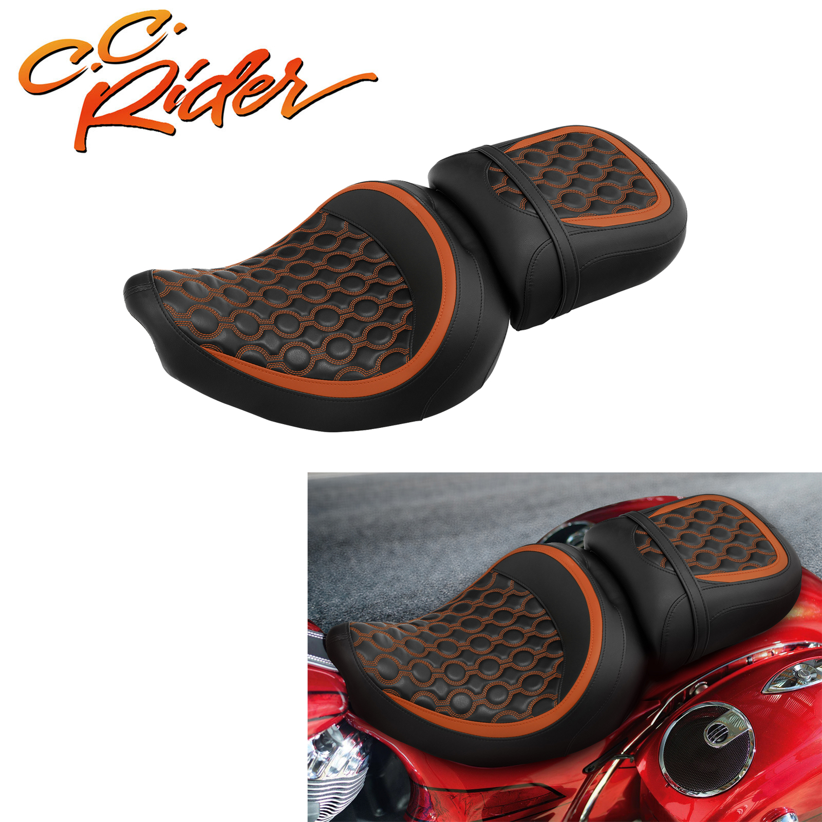 C.C. RIDER Black+Orange Driver Passenger Seat Fit For Indian Chieftain 14-24