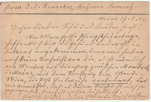 Germany:10pf Postal Card: Mainz to Tippers Hotel, Southend on Sea, 17 May 1902 - Picture 2 of 2