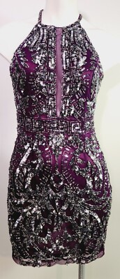 Primavera Couture High Neck Metallic Sequin/Beads Open Back Prom Dress! Size 6