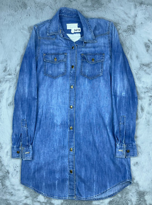 Current/Elliott Shirt Woman 0 Blue Denim Dress Long Sleeve Distressed Western