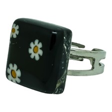 Murano Glass Ring Black Yellow Millefiori Square From Venice 15mm x 15mm Art