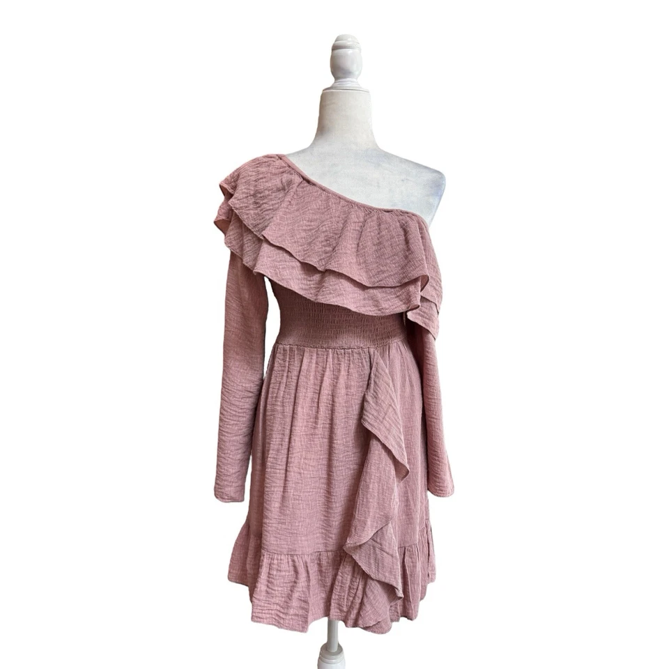 Vestido Wish Rosa Senna Un Hombro Volantes Mini Para Mujer Talla M Ajuste Acampanado Manga Larga Foto 3 de 4