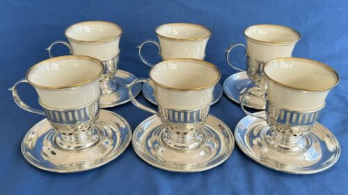 6 Antique Sterling Silver Tea Cups & Saucers Lenox Inserts Bailey Banks & Biddle - Picture 1 of 24