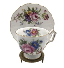 AYNSLEY Cabbage Rose Flowers Tea Cup & Saucer Set Blue Morning Glory 2383