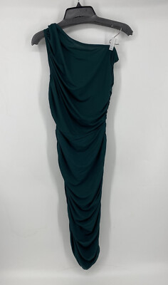 Pretty Little Thing Slinky Ruched One Shoulder Longline Dress Green Sz 10 NWT