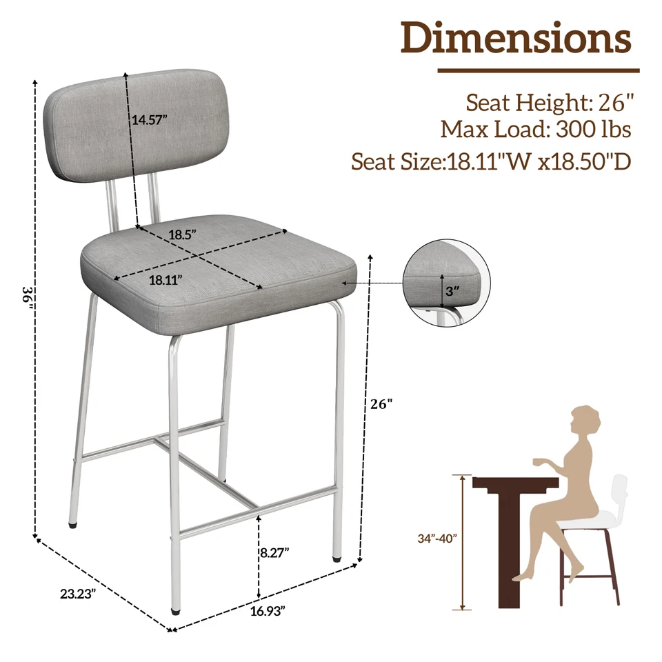 Counter Height Bar Stools Set of 3 Fabric Kitchen Counter Stools with Back Grey - Image 2 of 4