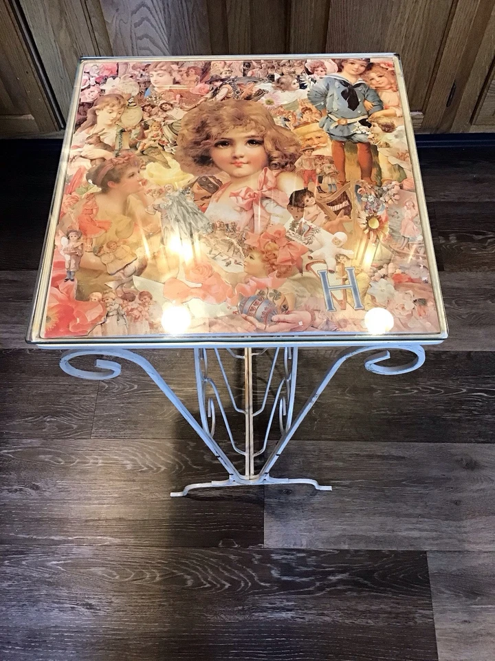 Винтажный Стеклянный Верх Кованое Железо Стойка для Журналов Стол ВИКТОРИАНСКИЙ СМЕШАННЫЙ МЕДИА КОЛЛАЖ - Изображение 4 из 4