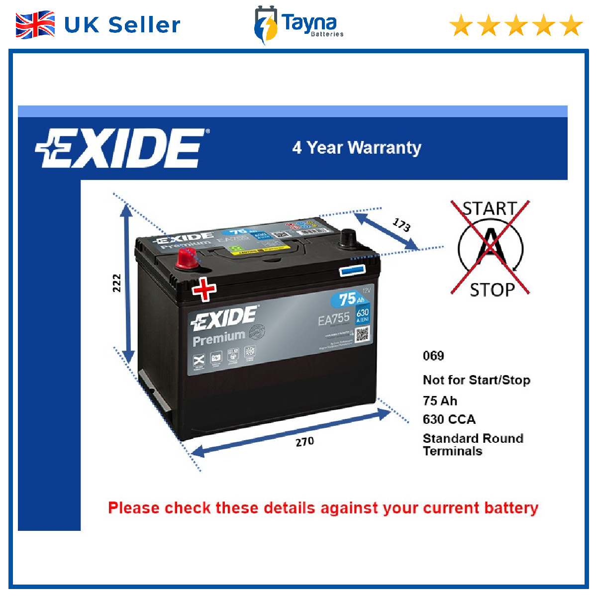 Battery fits BENTLEY ARNAGE AZURE TURBO R EIGHT MULSANNE T2 Exide 069