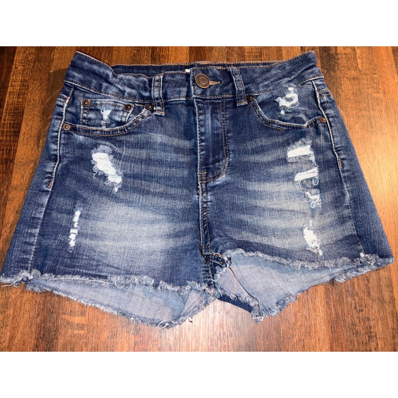 Indigo Rein Womens Distressed Denim Shorts Dark Wash Cut Off Size 3 High Rise