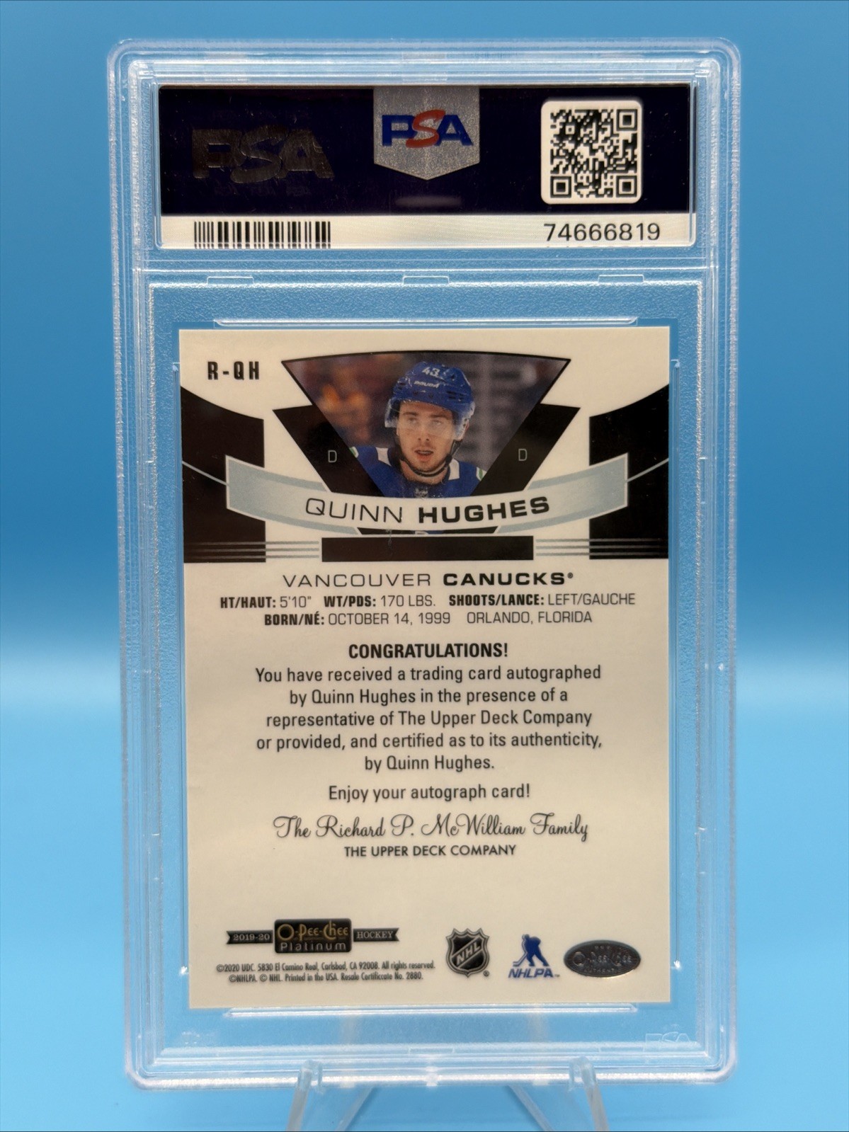 2019 UPPER DECK O-PEE-CHEE PLATINUM #R-QH QUINN HUGHES ROOKIE AUTO RC PSA 10 view 2