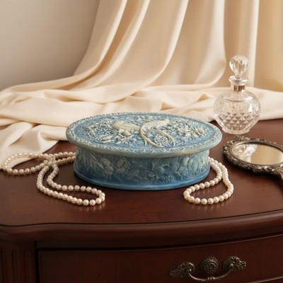 Vintage Genuine Incolay Stone Oval Jewelry Box With Birds of