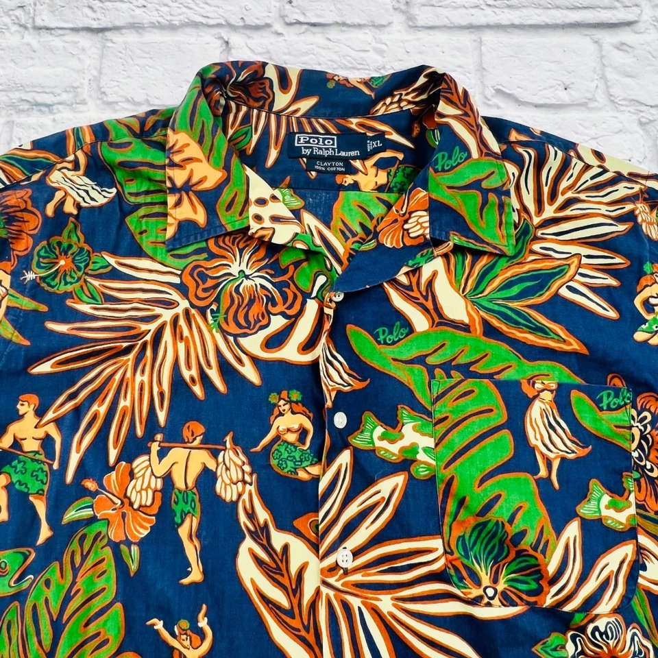 Polo de Ralph Lauren Para Hombres XL Camisa Hula Hawaiana Azul Verde Algodón Manga Corta Foto 2 de 4