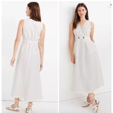 Madewell Pale Parchment White Linen Blend Button Waist Wrap Midi Dress Size 4