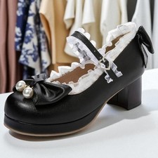 Mary Jane Heels Womens Kawaii Mid Block Heel Shoes with Bow Frill Black Size 5.5