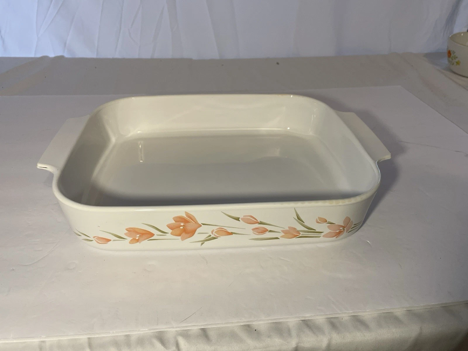 Corning Peach Floral Open Roaster Lasagna Pan ￼A-21-B-N Vintage