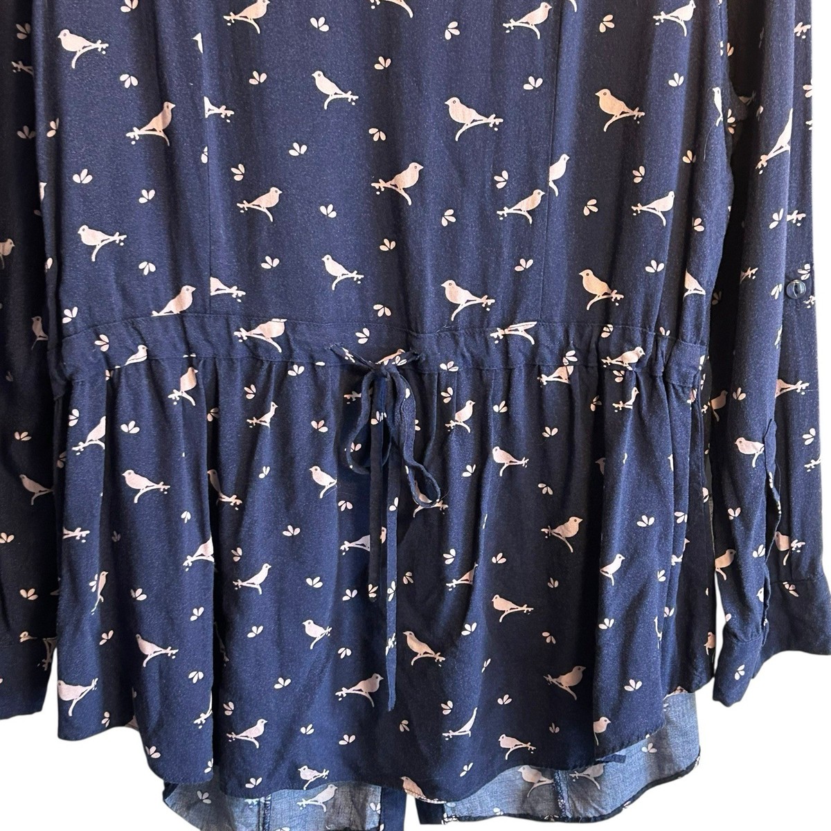ModCloth Navy Trusty Traveler Blue Bird Print Long Sleeve Blouse Tunic XL View 6