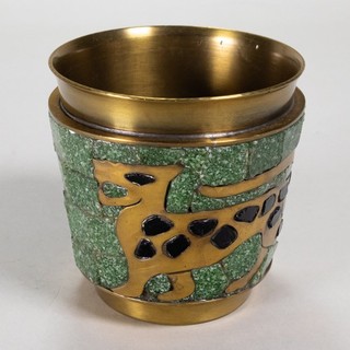 Vintage MCM Salvador Teran Signed Mexican Jaguar Brass & Mosaic Small Tumbler