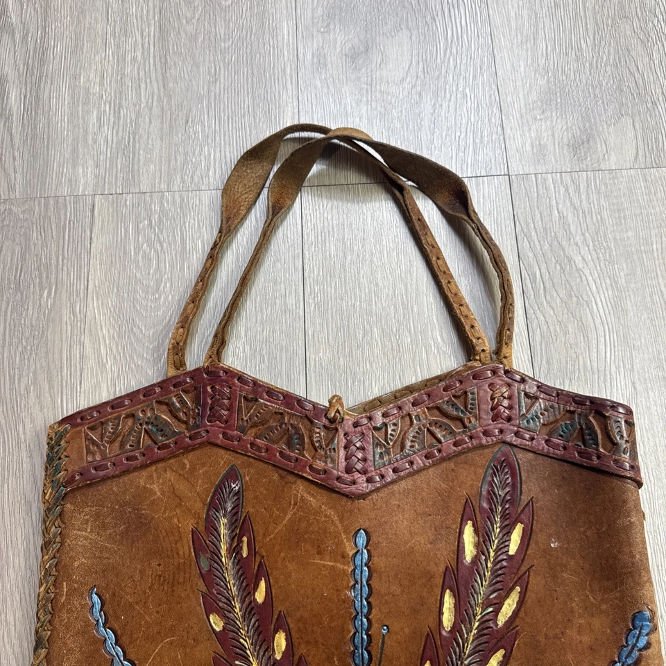 Rare! Vintage 1960s Hippie Hand Made Leather Tote Bag Purse Feather Orchid Motif - Image 3 of 4