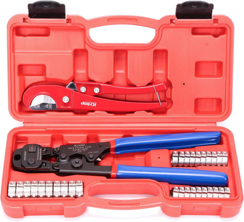PEX Cinch Clamp Tool Kit Ratchet Crimper w Pipe Cutter Clamps 3/8-1 Inch
