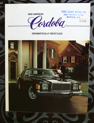 CHRYSLER CORDOBA 1978 brochure sales catalog - English - Canadian Market