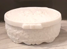 Vintage Crowning Touch Bisque White Oval Trinket Box with Lid Roses Leaves