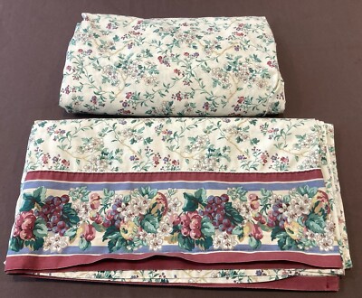 Vintage Rare Laura Ashley Queen Fitted & Flat Sheet Berry Vine Maroon Blue Green