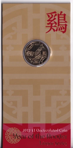 AUSTRALIAN:  2017 $1 LUNAR SERIES YEAR OF THE ROOSTER COIN ON CARD #M1618