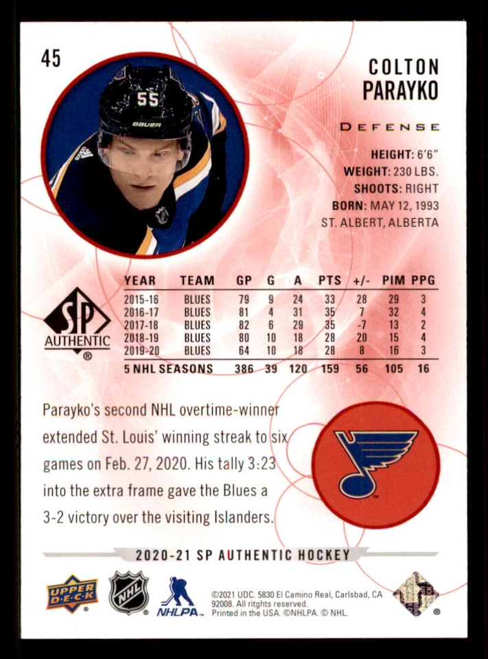 2020-21 SP Authentic Limited Red #45 Colton Parayko - Image 2 of 2