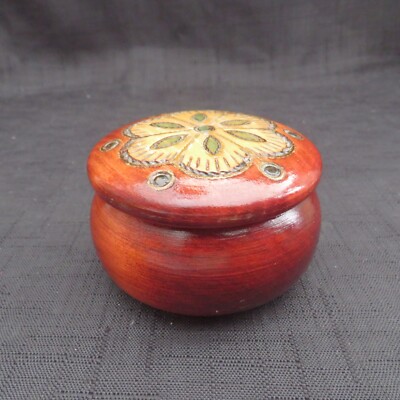 Vintage handbemalte runde Schmuckschatulle aus Holz