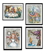 SIGNED Alice In Wonderland Dictionary Page Art Print Lot Book Picture Wall Decor
