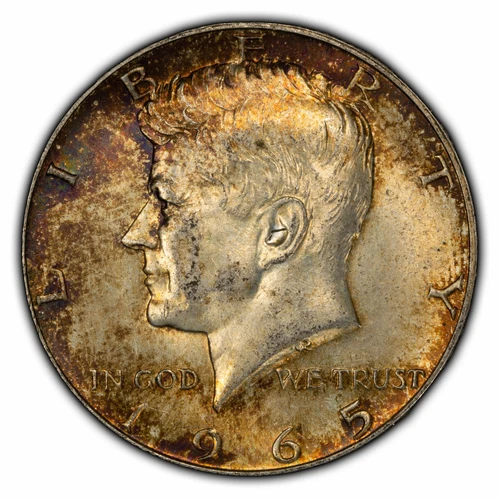 1965 50c Kennedy Half Dollar - 40% Silver - Unc - Violet Rainbow Toning - Y4200