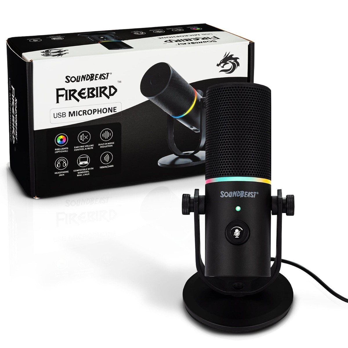 RGB Microphone For Streaming And Podcasting SoundBeast Firebird USB Microphone W/ Volume Control, Noise Reduction RGB Lights Computer Microphone