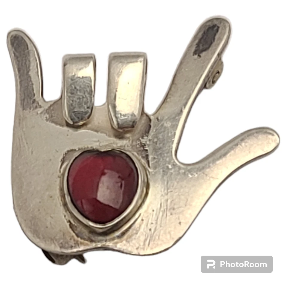 Винтажная брошь на булавке Great Falls Metal Works из чистого серебра с любовным языком жестов - Изображение 3 из 4