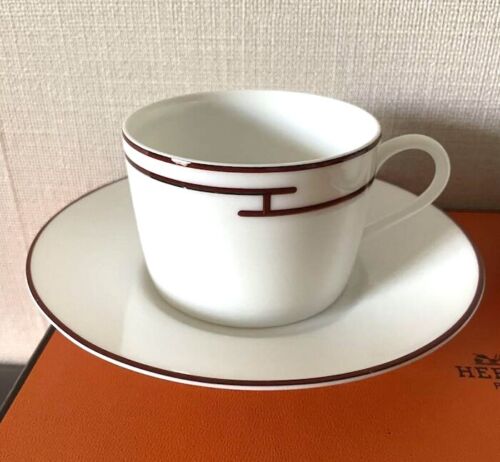 Hermes Tea Cup Saucer Rythme Red Tableware 2 set Coffee Cafe Latte Auth New Box - Picture 3 of 9