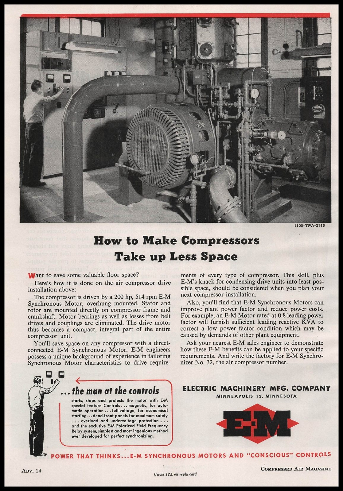 1954 Electric Machinery Minneapolis Plant Photo Synchronous Motors Print Ad