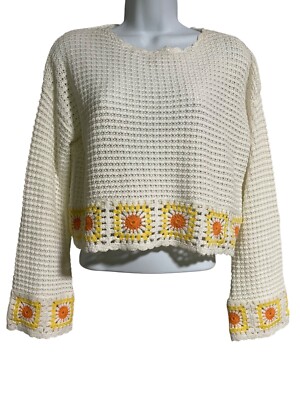 Crochet Sunflower Pattern Sweater By Sincerely Jules Womens XS White & Yellow