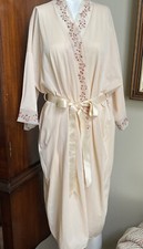 Vtg Vanity Fair Silky Tricot Nylon Robe Beige W/Pretty Embroidered Accents Sz S