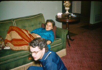 3 vintage 35mm slides 1950s women laying down couch asleep sleeping dog