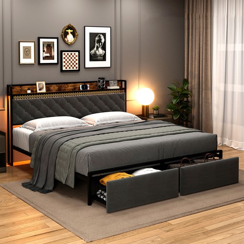 Bed Frame Platform Full Queen King Size with LED Upholstered Headboard 2 Drawers