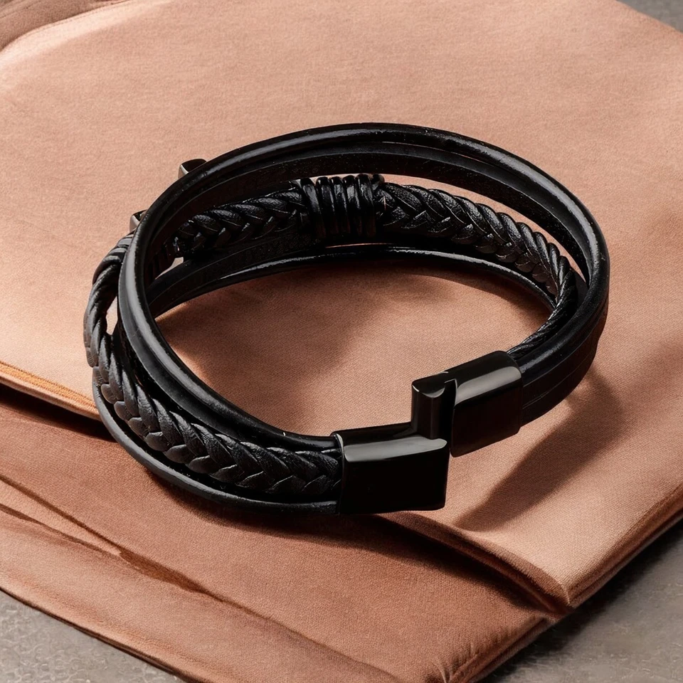 Pulsera de cuero para hombre con dije cruzado brazalete magnético regalo para él Foto 3 de 3