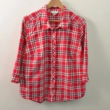 CJ Banks Button Front Shirt Womens 1X Red Plaid Cotton 3/4 Sleeve
