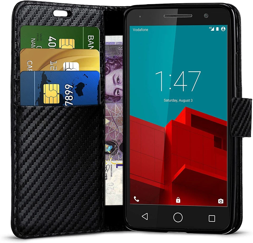 For Alcatel U5 Carbon Fibre Wallet Card Slot Phone Case & Glass - Image 4 of 4