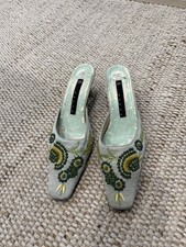 Vintage 90s/Y2K Embroidered Beaded Silk Kitten Heel Mules Sage Green